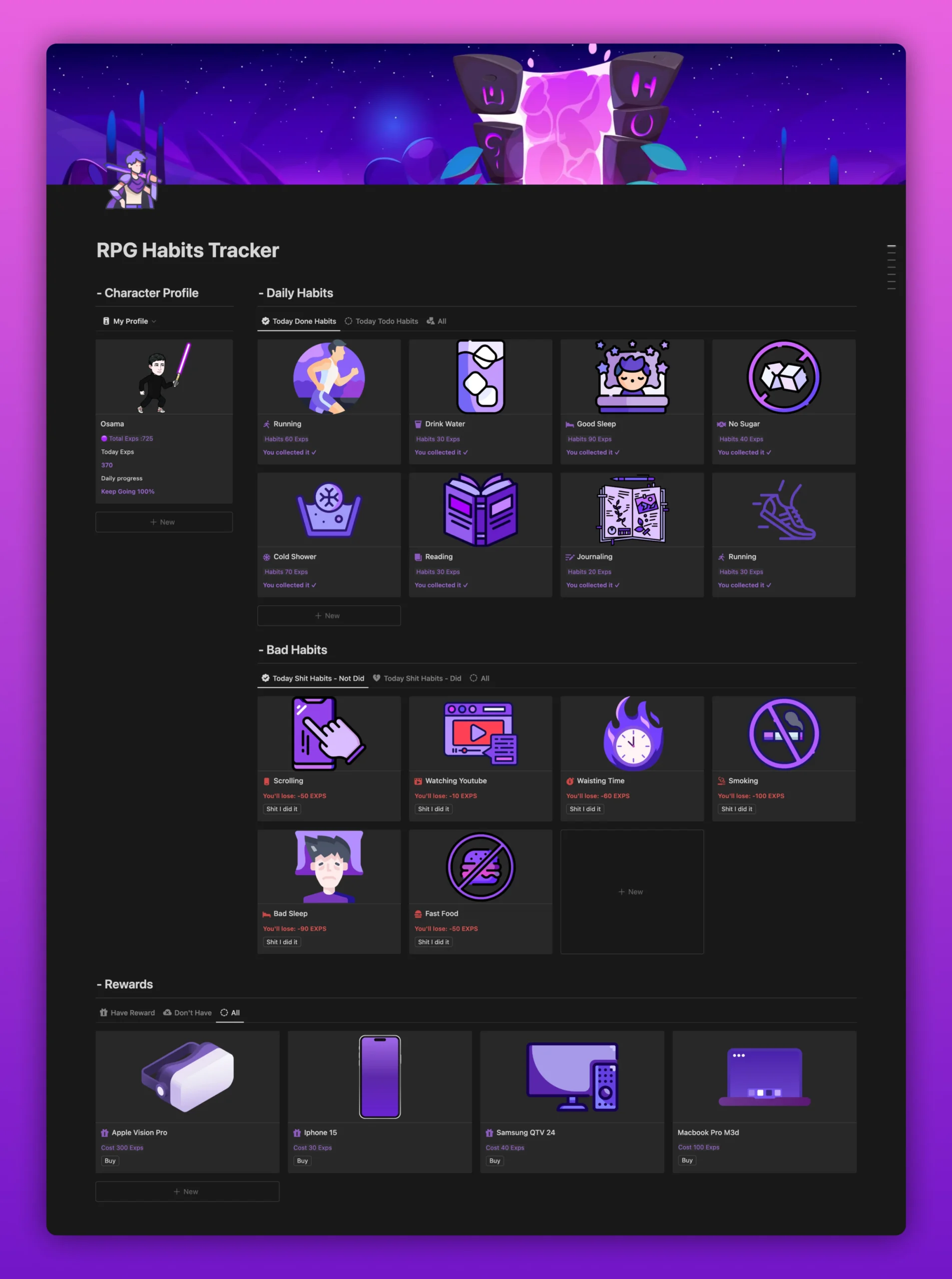RPG Habits Tracker Notion Template Free Back